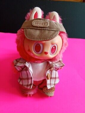 Plush Labubu doll outfit: with 'SPORT' Visor, Plaid Jacket, And Jumpsuit Outfit.